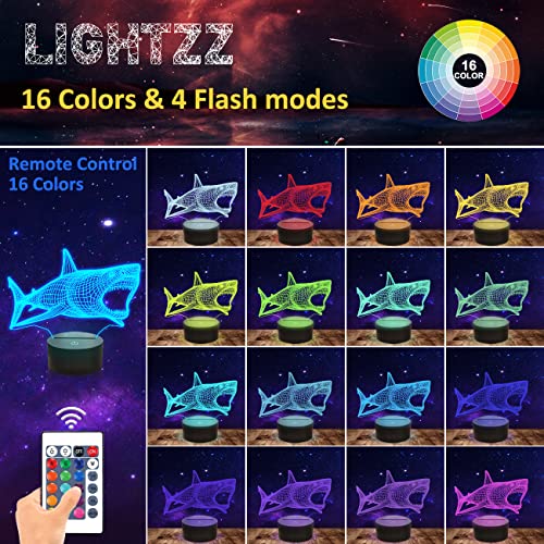 Shark 3D Illusion Night Light Ocean Animal Lámpara de mesa de escritorio, 16 colores Control remoto LED Nightlight para niños Regalos de vacaciones