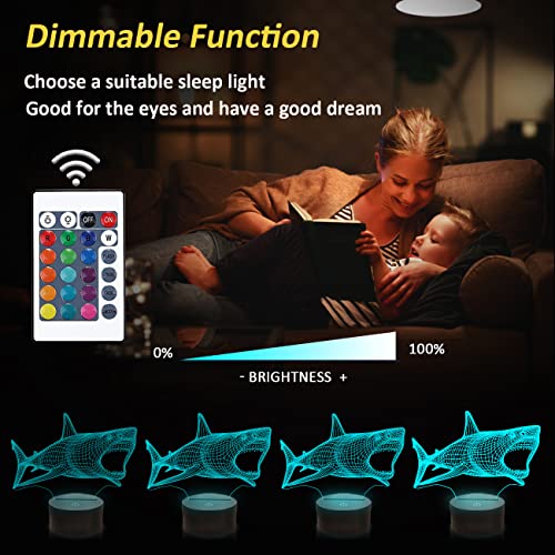 Shark 3D Illusion Night Light Ocean Animal Lámpara de mesa de escritorio, 16 colores Control remoto LED Nightlight para niños Regalos de vacaciones