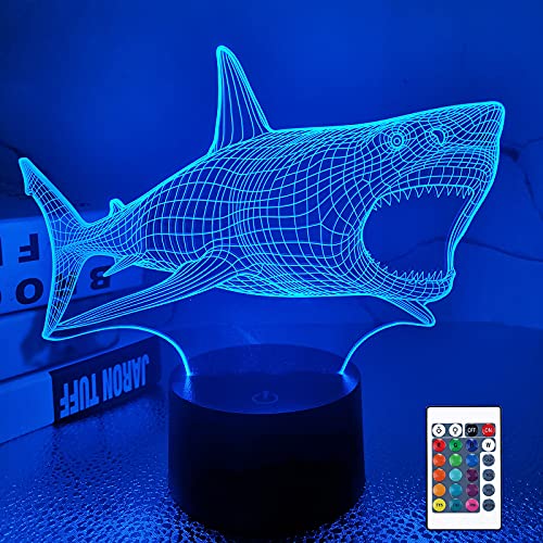 Shark 3D Illusion Night Light Ocean Animal Lámpara de mesa de escritorio, 16 colores Control remoto LED Nightlight para niños Regalos de vacaciones