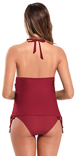 SHEKINI Tankini Sets de Traje de Baño Mujer Maternidad Premamá Elegante Bikini Ajustable Ruched Talla Grande Bikini de Playa para Dos Piezas Mujer (3XL, Vino Rojo)