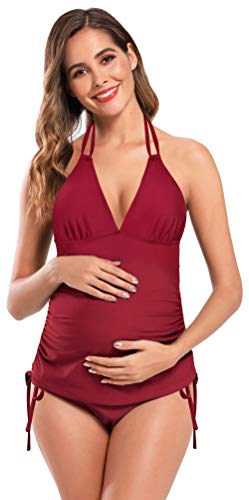 SHEKINI Tankini Sets de Traje de Baño Mujer Maternidad Premamá Elegante Bikini Ajustable Ruched Talla Grande Bikini de Playa para Dos Piezas Mujer (3XL, Vino Rojo)