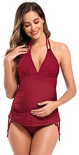 SHEKINI Tankini Sets de Traje de Baño Mujer Maternidad Premamá Elegante Bikini Ajustable Ruched Talla Grande Bikini de Playa para Dos Piezas Mujer (3XL, Vino Rojo)