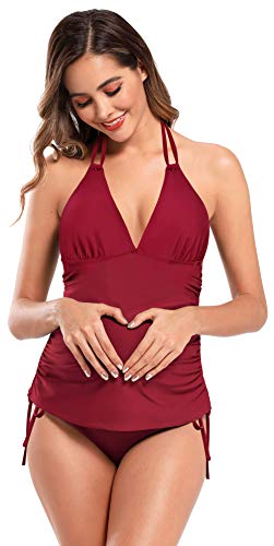 SHEKINI Tankini Sets de Traje de Baño Mujer Maternidad Premamá Elegante Bikini Ajustable Ruched Talla Grande Bikini de Playa para Dos Piezas Mujer (3XL, Vino Rojo)