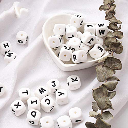 Silicona Letras Cuentas de Dentición,10pcs English Alphabet 12mm Cube Haga su propio kit de bricolaje a granel Nombre personalizado Baby Teether Chew Beads Sin BPA