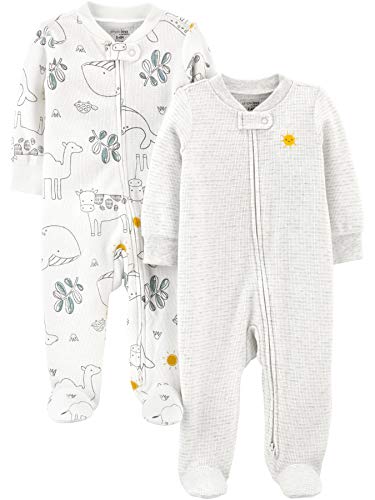 Simple Joys by Carter's 2-Pack 2-Way Zip Thermal Footed Sleep and Play Bebés y niños pequeños, Animal/Sol, Prematuro, Pack de 2