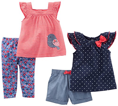 Simple Joys by Carter's - Juego de ropa de juego para niñas (4 piezas) ,Navy Dot/Red Stripe Bird ,12 Months