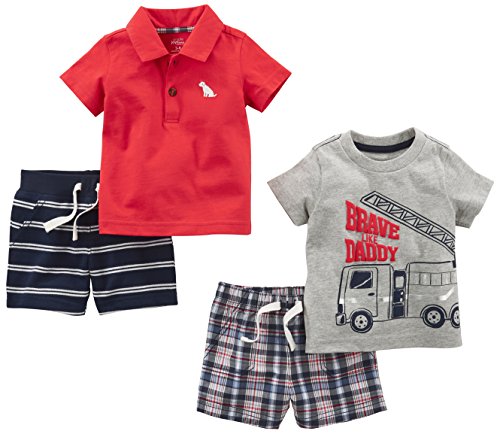 Simple Joys by Carter's - Juego de ropa de juego para niños (4 piezas) ,Red Plaid/Fire Truck/Blue Stripe ,6-9 Months