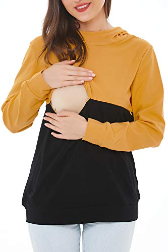 Smallshow Sudadera con Capucha de Lactancia Materna para Mujeres Patchwork con Cremallera Invisible Tops Yellow-Black XL