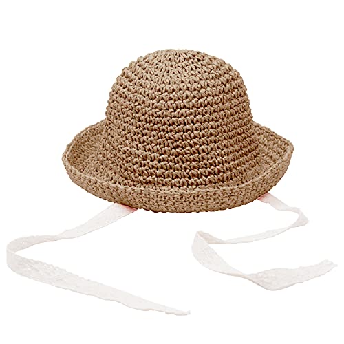 Sombrero de Paja de Verano para niños, Gorra de Playa para niñas, Gorra con Borde Flexible, Gorra de Encaje, Sombrero para el Sol Plegable para niños, 1-3 años (Blanco Crema, Talla única)