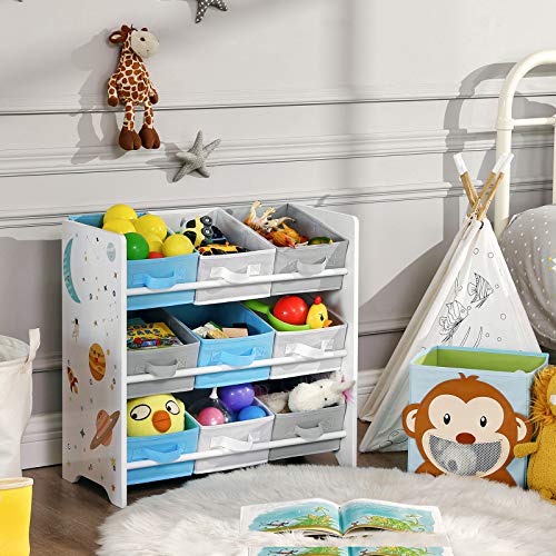 SONGMICS Estantería Infantil para Juguetes y Libros, 9 Cajas de Tela no Tejida Extraíbles con Asas, para Sala de Juegos, Escuela, 62,5 x 29,5 x 60 cm, Ahorro de Espacio, Blanco GKR33WT