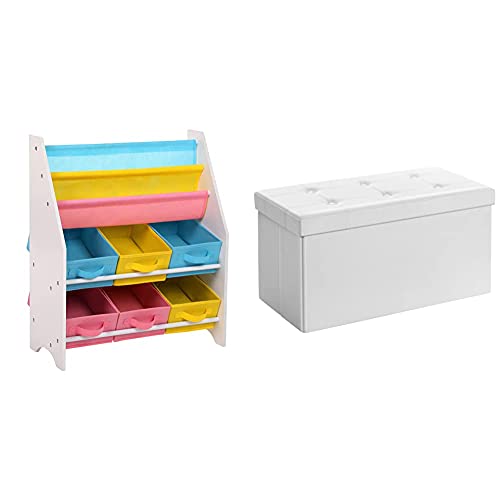 Songmics Estantería para Juguetes Organizador De Juguetes Estantería Infantil + Lsf106 Baúl Puff Taburete para Almacenaje Plegable Carga Máxima De 300 Kg Blanco, 76 X 38 X 38 Cm