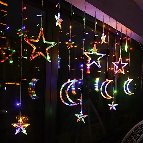 Star Moon Cortina de luz, Coloridas Luces Solares para Cortina de Ventana con Control Remoto, Luces de Hadas para Patio Trasero,Jardín,Patio,Hogar,Decoración de vacaciones de Navidad