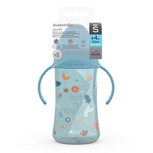 SUAVINEX Biberón con Asas Second Suavinex, con Boquilla Antiderrame de Silicona, para Bebés +4 Meses, Color, Azul, 270ml