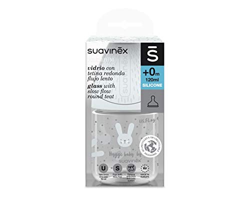 Suavinex - Biberón de cristal redondo (120 ml, 1 unidad), color gris