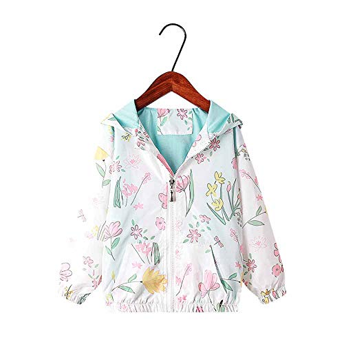 Surwin Chaqueta con Capucha Niña, Rompevientos Abrigos Deportivas Sudadera Cremallera Estampada Capa Encapuchada Chaqueta Tops Chaqueta Cortaviento para Bebés Niñas (Flor y Pasto,130cm)