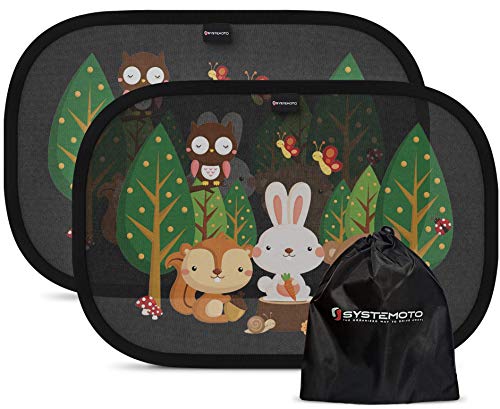 Systemoto protección solar, pasarol, coche bebé con protección UV certificada (juego de 2) - Viseras autoadhesivas para niños con dulces motivos animales (Forest)