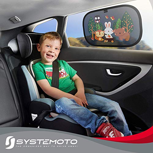 Systemoto protección solar, pasarol, coche bebé con protección UV certificada (juego de 2) - Viseras autoadhesivas para niños con dulces motivos animales (Forest)