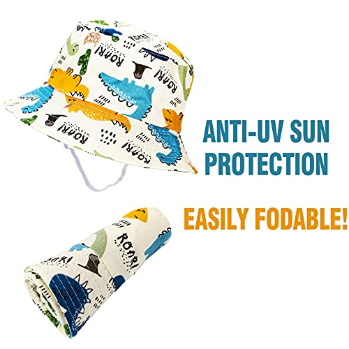 Tacobear Sombrero de Sol Bebé Verano Sombreros Pescador ala Ancha Algodón Gorra con Protección Solar Anti-UV Gorro de Playa para Infantiles Niños Niñas 1-5 Años (Beige-Dinosaurio)