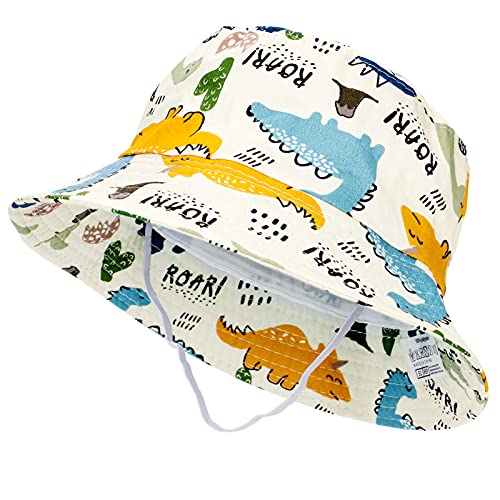 Tacobear Sombrero de Sol Bebé Verano Sombreros Pescador ala Ancha Algodón Gorra con Protección Solar Anti-UV Gorro de Playa para Infantiles Niños Niñas 1-5 Años (Beige-Dinosaurio)