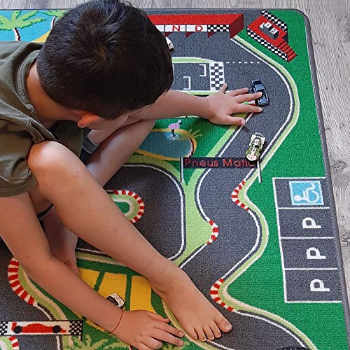 TAPITOM | Alfombra infantil circuito F1 - 95 x 133 cm | Alfombrilla de juego para circuito de coches | Alfombrilla infantil Formula 1 Road Universe | antideslizante, dobladillo | Normas CE