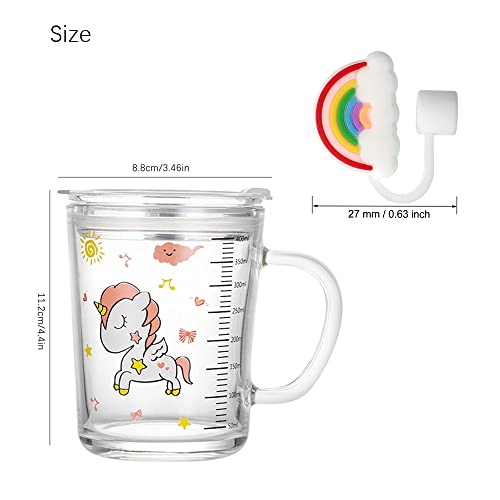 Taza de Leche Niños con Pajita, Vaso de Cristal con Pajita y Tapa Vaso Medidor de Vidrio Puntas de Silicona para niños, vaso de flujo con pajita para niños pequeños, unicornio 350ML