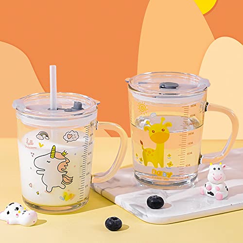 Taza de Leche Niños con Pajita, Vaso de Cristal con Pajita y Tapa Vaso Medidor de Vidrio Puntas de Silicona para niños, vaso de flujo con pajita para niños pequeños, unicornio 350ML