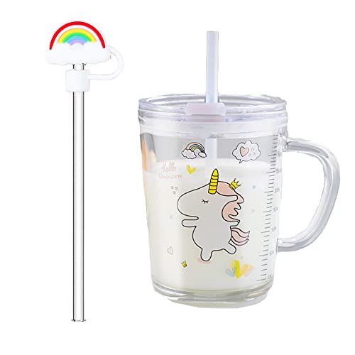 Taza de Leche Niños con Pajita, Vaso de Cristal con Pajita y Tapa Vaso Medidor de Vidrio Puntas de Silicona para niños, vaso de flujo con pajita para niños pequeños, unicornio 350ML