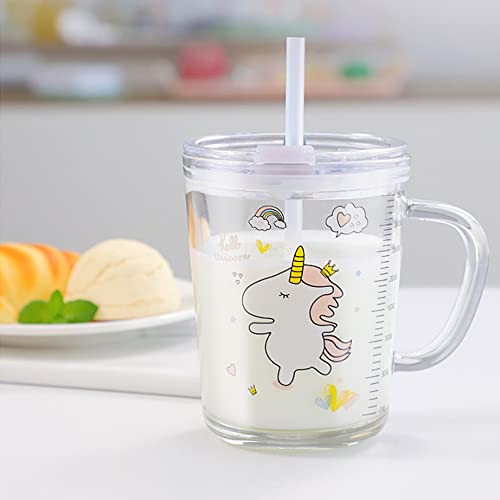 Taza de Leche Niños con Pajita, Vaso de Cristal con Pajita y Tapa Vaso Medidor de Vidrio Puntas de Silicona para niños, vaso de flujo con pajita para niños pequeños, unicornio 350ML