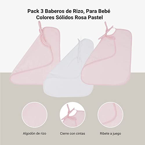 Ti TIN | Pack 3 Baberos de Rizo | Para Bebé de Más de 1 Año | Cierre con Cintas | 90% Algodón | Colores Sólidos Rosa Pastel | 32x36 cm