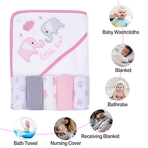 Toalla de baño con Capucha y toallitas para bebé, Extra Suave y Ultra Absorbente, Paquete de 6 Regalos para recién Nacidos y bebés, Elefante