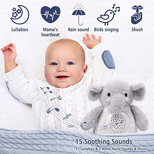 Umitive Ayuda para Dormir para Bebé, Peluche Bebés Musical con Ruido Blanco Canciones de Cuna y Proyector de Estrellas y Temporizador Automático Juguete de Elefante Lavable para Cochecitos o Cuna