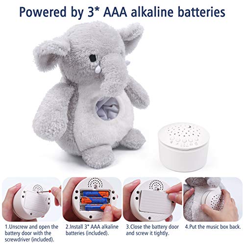 Umitive Ayuda para Dormir para Bebé, Peluche Bebés Musical con Ruido Blanco Canciones de Cuna y Proyector de Estrellas y Temporizador Automático Juguete de Elefante Lavable para Cochecitos o Cuna