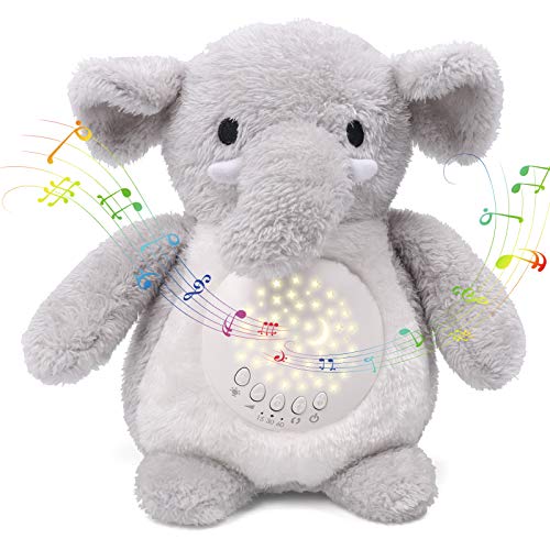 Umitive Ayuda para Dormir para Bebé, Peluche Bebés Musical con Ruido Blanco Canciones de Cuna y Proyector de Estrellas y Temporizador Automático Juguete de Elefante Lavable para Cochecitos o Cuna