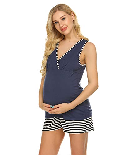 UNibelle Pijamas Mujer Verano Corto Premamá Pijama Conjunto Ropa de Dormir de Dos Piezas Lactancia, Azul Marino, L