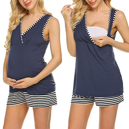 UNibelle Pijamas Mujer Verano Corto Premamá Pijama Conjunto Ropa de Dormir de Dos Piezas Lactancia, Azul Marino, L