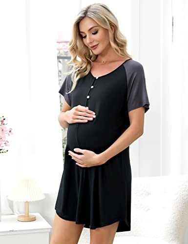 Uniexcosm Camison Embarazada, Camisón Maternidad Lactancia Algodon Camison Premamá Corta Camisón Lactancia Mangas Raglán con Botones Camisón con Cuello en V para Hospital Hogar Negro Gris Oscuro L