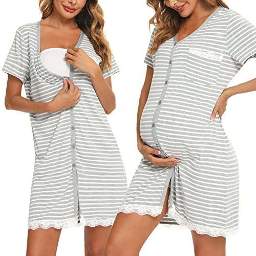 Uniexcosm Camisón Maternidad Lactancia, Camisones Embarazadas Algodon Manga Corta Camison Corto Encaje con Cuello en V Camisón Premamá Ropa para Dormir para Hogar Rayas Gris Claro XL