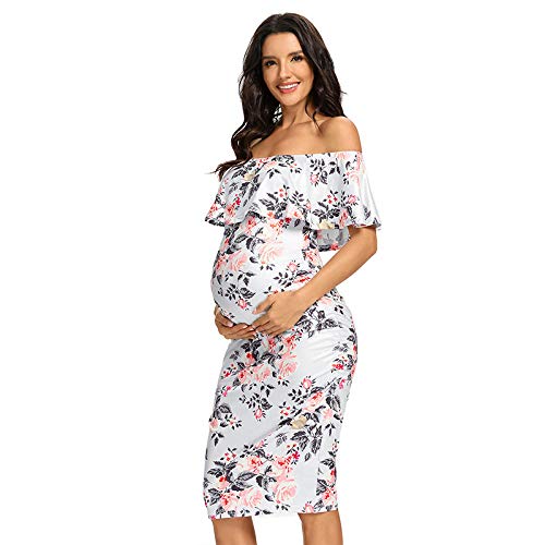 Vestido de Maternidad con Hombros Descubiertos y Volantes para Mujer, Vestido de Baby Shower, Ropa de Embarazo, Vestidos Ajustados con Lados Fruncidos, Elegantes-WF_Metro