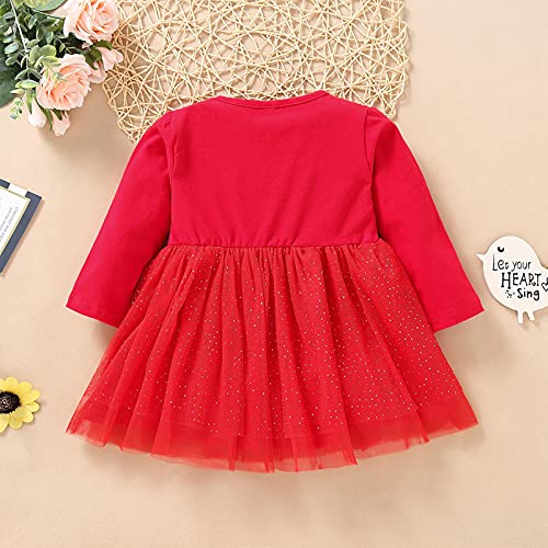 Vestido de Navidad para Bebé Niña Pequeña Vestido Navideño de Manga Larga con Estampado de Alce de Dibujo Animado para Chica de 9 Meses a 4 Años Dress Casual Navidad (Rojo, 9-12 Meses)