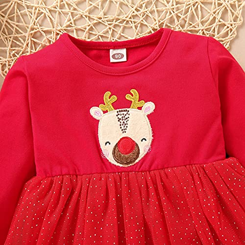 Vestido de Navidad para Bebé Niña Pequeña Vestido Navideño de Manga Larga con Estampado de Alce de Dibujo Animado para Chica de 9 Meses a 4 Años Dress Casual Navidad (Rojo, 9-12 Meses)