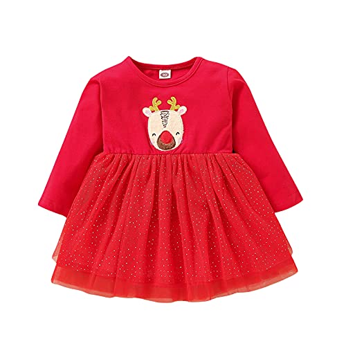 Vestido de Navidad para Bebé Niña Pequeña Vestido Navideño de Manga Larga con Estampado de Alce de Dibujo Animado para Chica de 9 Meses a 4 Años Dress Casual Navidad (Rojo, 9-12 Meses)