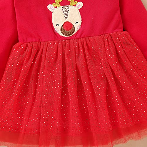 Vestido de Navidad para Bebé Niña Pequeña Vestido Navideño de Manga Larga con Estampado de Alce de Dibujo Animado para Chica de 9 Meses a 4 Años Dress Casual Navidad (Rojo, 9-12 Meses)