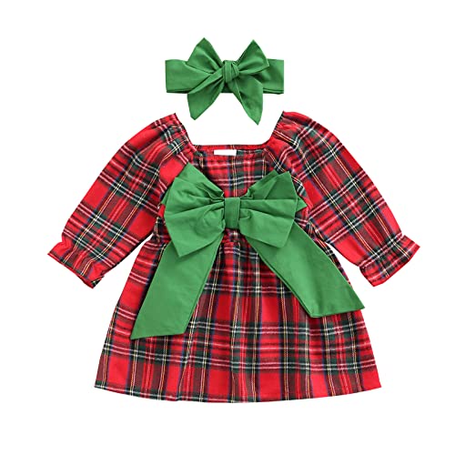 Vestido de Santa Claus bebé para niña de 0 a 3 años, de Manga Larga, Disfraces de Papá Noel con Volante, Estampado de Ciervo, con Lazo de Mariposa,Navidad (Rojo-azulejo, 6-9 Meses)