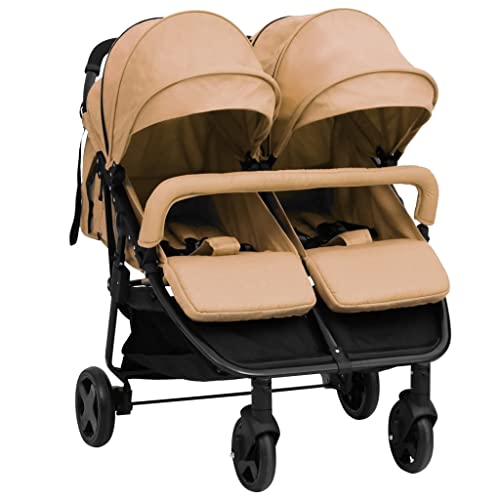 vidaXL Cochecito para Gemelos Carrito Sillita Gemelar Silla de Paseo Canasta Niños Reposapiés Ajustable Dosel Plegable de Acero Gris Taupe y Negro