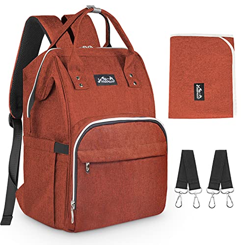 Viedouce Mochilas para Pañales Biberones, Bolso del Bebé Mamá,Impermeable con Estilo Oxford Bolso Pañal de Gran Capacidad, con Portátil Cambiador y 2 Piezas Ganchos Carrito Bebé (Rojo ladrillo)