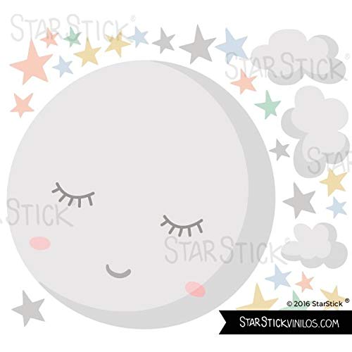 Vinilo para bebé - Luna llena con estrellas. Luna gris y estrellas de colores - T0- Basico 80x40 cm