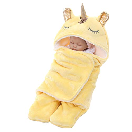 Wetry Saco de Dormir Bebe Unicornio Manta Envolvente Bebe Recien Nacido Invierno Térmico Swaddle Wrap Manta Bebe Unicornio Regalo Bebe Recien Nacido Niño, 0-3 Meses Amarillo