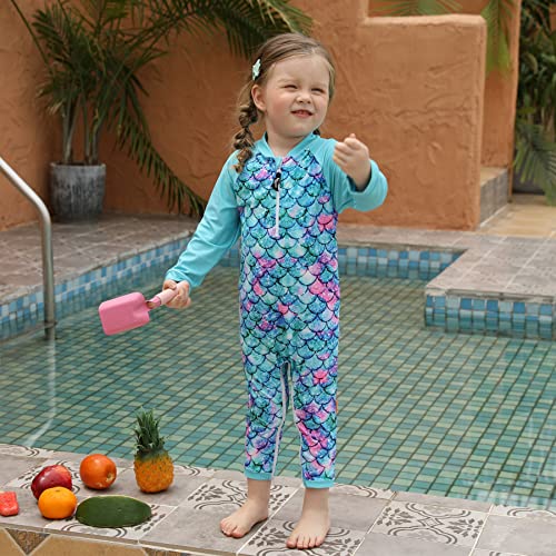 weVSwe Traje De Baño para Niños Pequeños UPF 50+ Protección Solar Tejido Reciclado Bebé Niña Una Pieza Manga Larga Rash Guard Escamas De Pez Verde 6-12 Meses