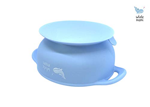 WhaleMom Bowl cuenco de silicona con ventosa tapa y cuchara de Bebés. BLW (Azul)