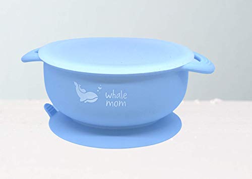 WhaleMom Bowl cuenco de silicona con ventosa tapa y cuchara de Bebés. BLW (Azul)